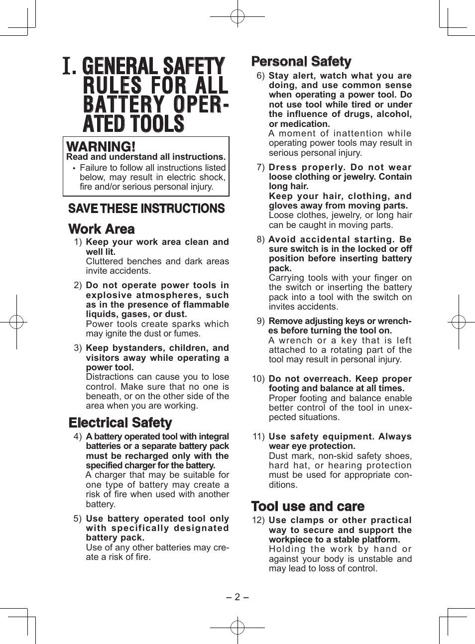 Warning, Work area, Electrical safety | Personal safety, Tool use and care, Save these instructions | Panasonic EY6813 User Manual | Page 2 / 12