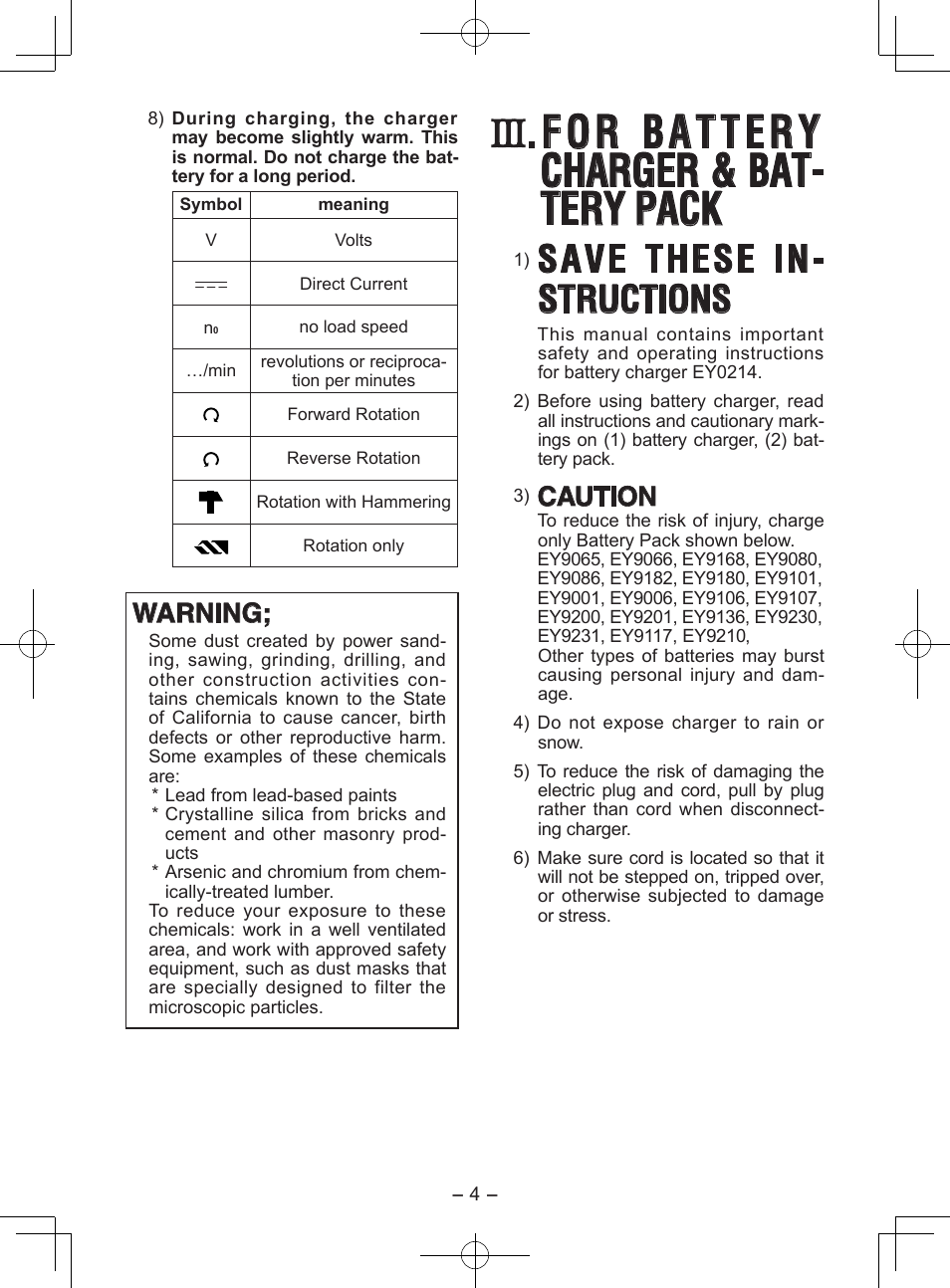 For battery charger & bat- tery pack, Save these in- structions, Warning | Caution | Panasonic EY6813 User Manual | Page 4 / 12