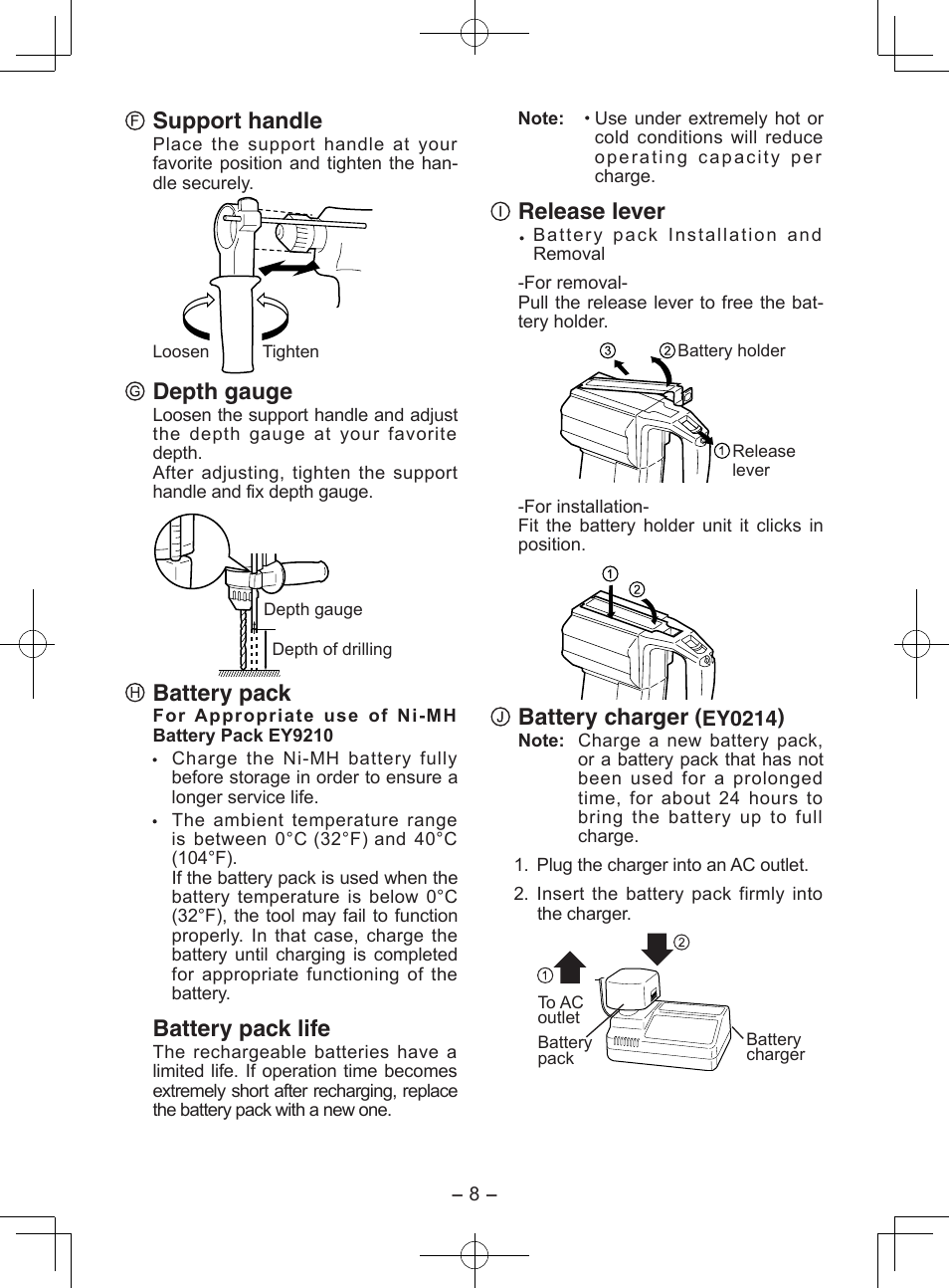 Support handle, Depth gauge, Battery pack | Battery pack life, Release lever, Battery charger | Panasonic EY6813 User Manual | Page 8 / 12