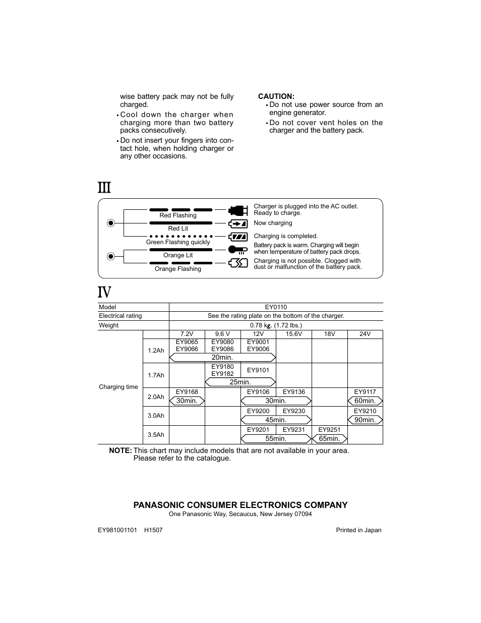 Lamp indications, Specifications specifications | Panasonic EY0110 User Manual | Page 4 / 4