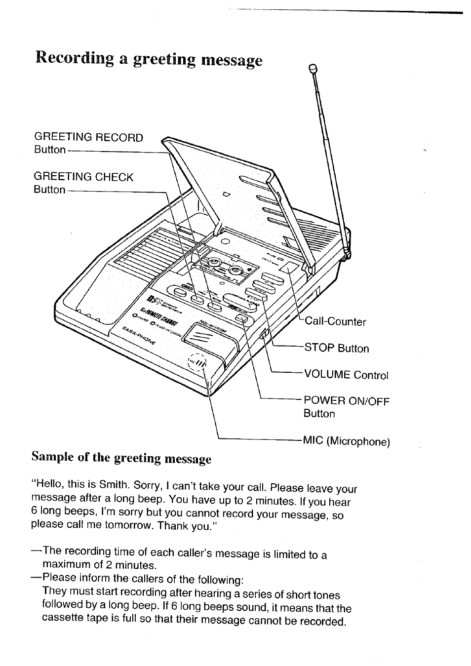 Recording a greeting message, Sample of the greeting message | Panasonic KX-T4300BA User Manual | Page 12 / 66