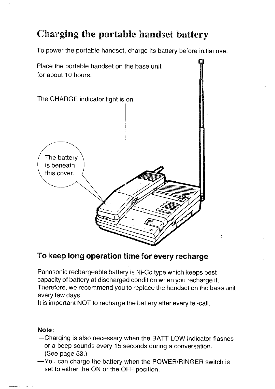 Charging the portable handset battery, The portable handset battery | Panasonic KX-T4300BA User Manual | Page 14 / 66