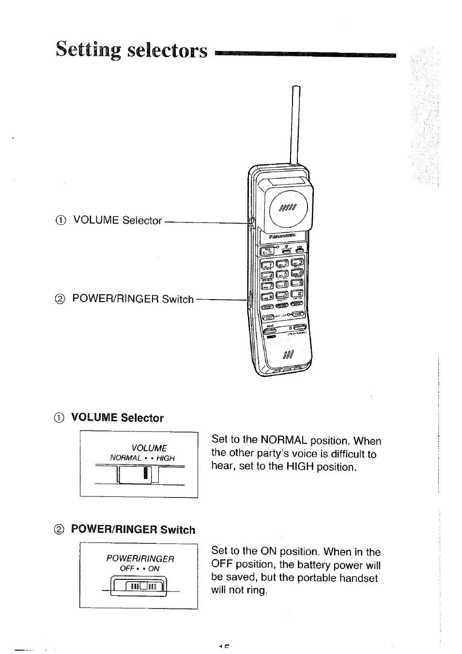 Setting selectors, Power/ringer switch, Aibumiii 1 | Panasonic KX-T4300BA User Manual | Page 15 / 66