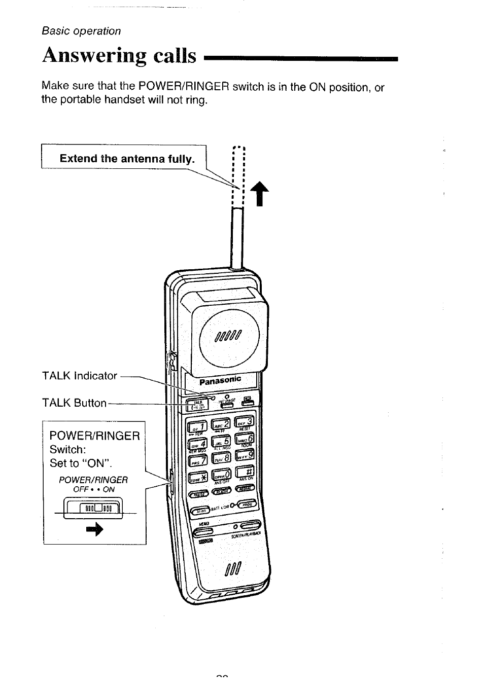 Answering calls, Extend the antenna fully | Panasonic KX-T4300BA User Manual | Page 20 / 66