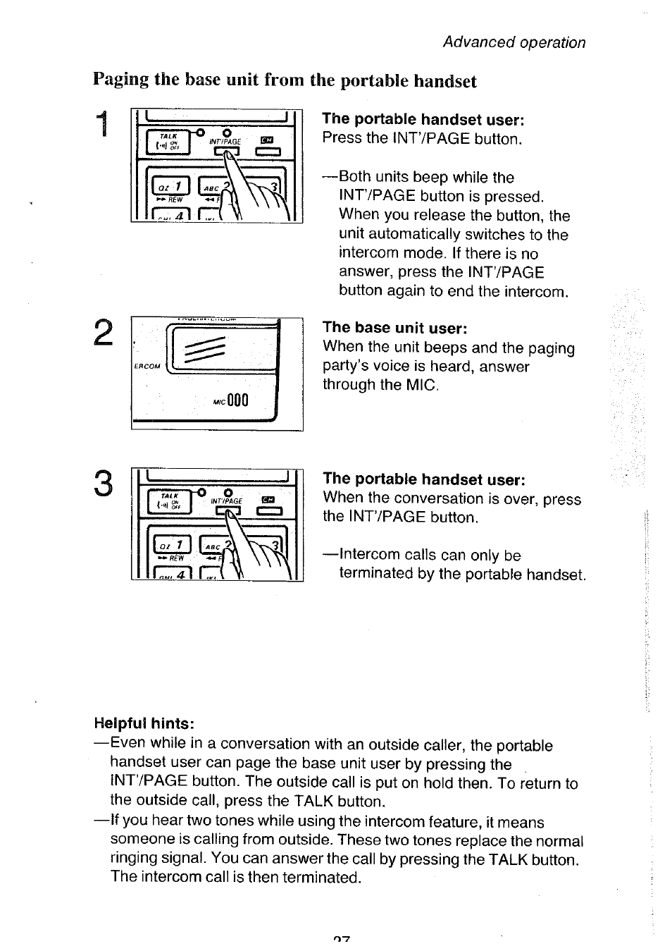 The portable handset user, The base unit user, Helpful hints | Paging the base unit from the portable handset | Panasonic KX-T4300BA User Manual | Page 27 / 66