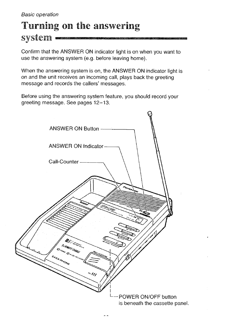 Turning on the answering system | Panasonic KX-T4300BA User Manual | Page 30 / 66