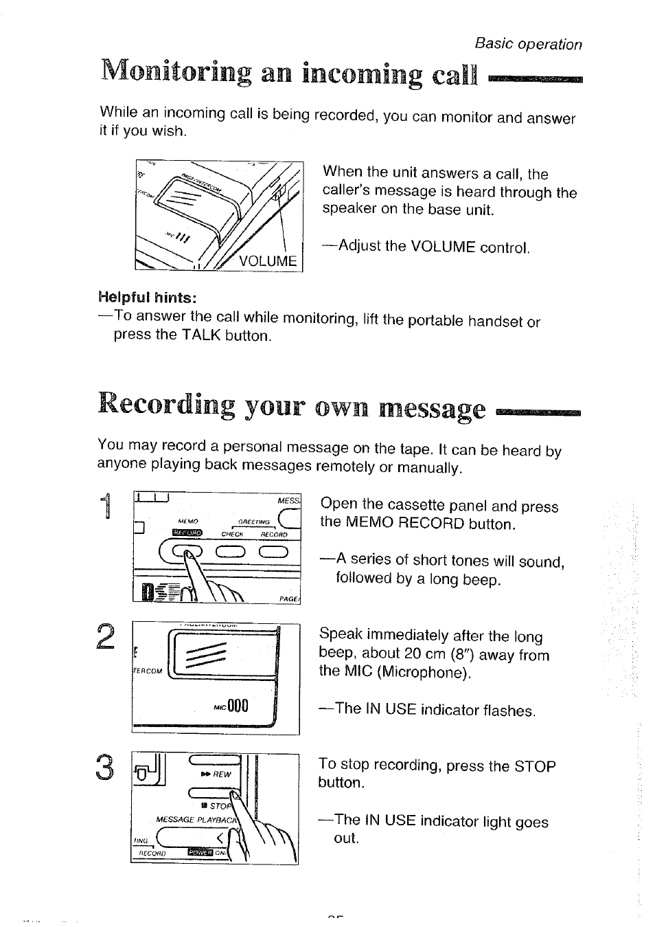 Mcmiitoriiig an incohiliig cal, Recording your own message | Panasonic KX-T4300BA User Manual | Page 35 / 66