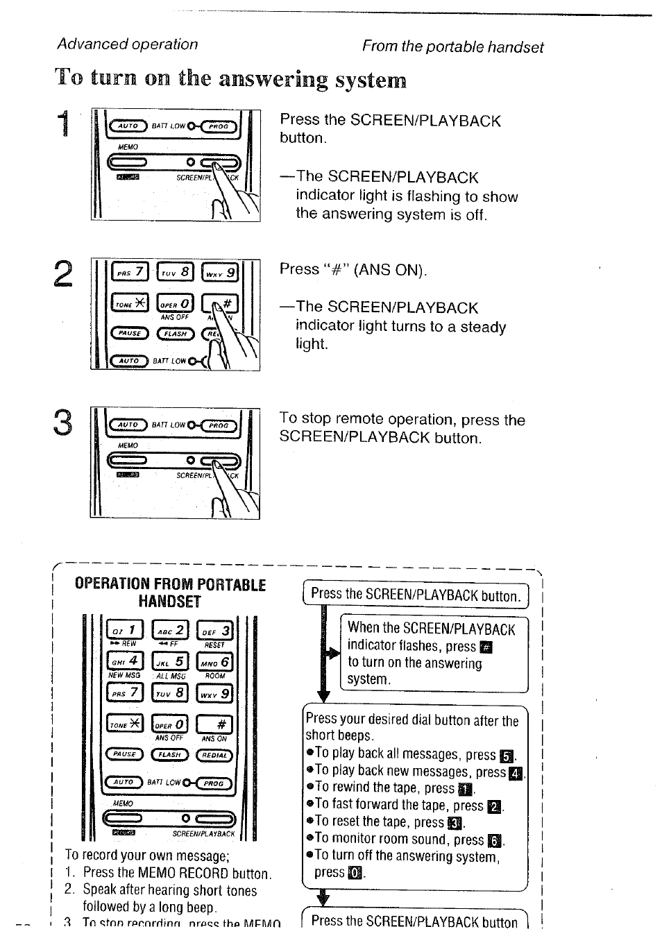 To turn on the answering system, Operation from portable handset, To turn off the answering system | Remote operation from the portable handset, Handset | Panasonic KX-T4300BA User Manual | Page 52 / 66