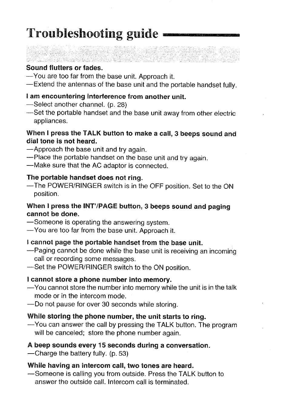 Troubleshooting guide | Panasonic KX-T4300BA User Manual | Page 58 / 66