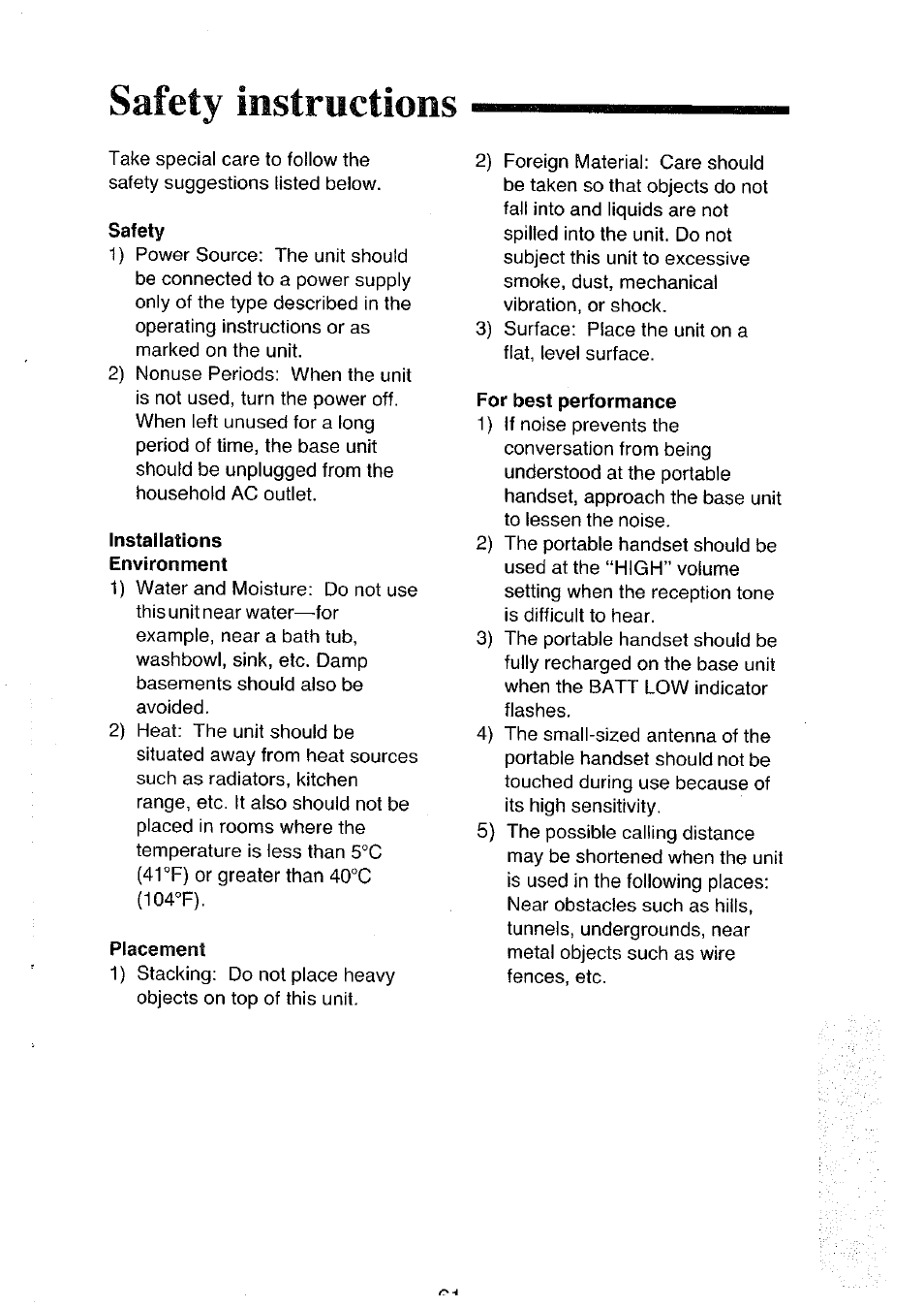 Safety instructions, Safety, Installations | Placement, For best performance | Panasonic KX-T4300BA User Manual | Page 61 / 66