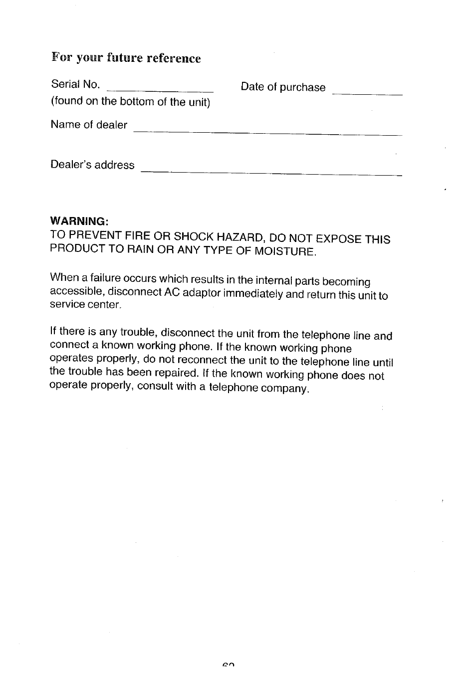 Warning, For your future reference | Panasonic KX-T4300BA User Manual | Page 62 / 66
