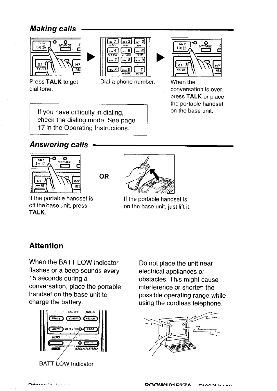 Making calls, Answering calls, Attention | Panasonic KX-T4300BA User Manual | Page 66 / 66