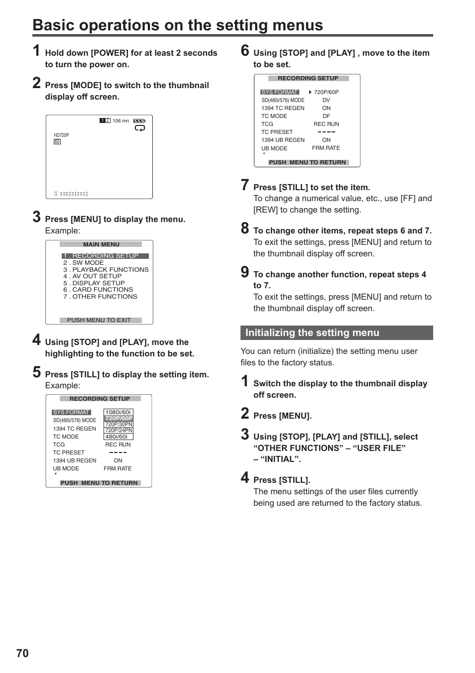 Basic operations on the setting menus 1, Initializing the setting menu | Panasonic P2HD AG-HPG20 User Manual | Page 2 / 12