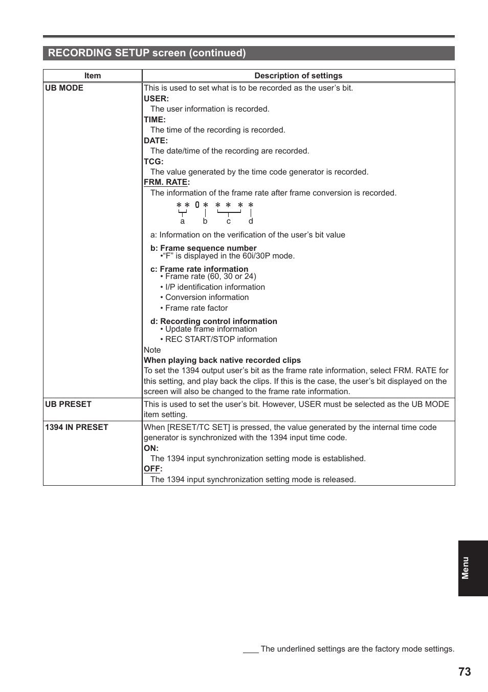 Recording setup screen (continued) | Panasonic P2HD AG-HPG20 User Manual | Page 5 / 12