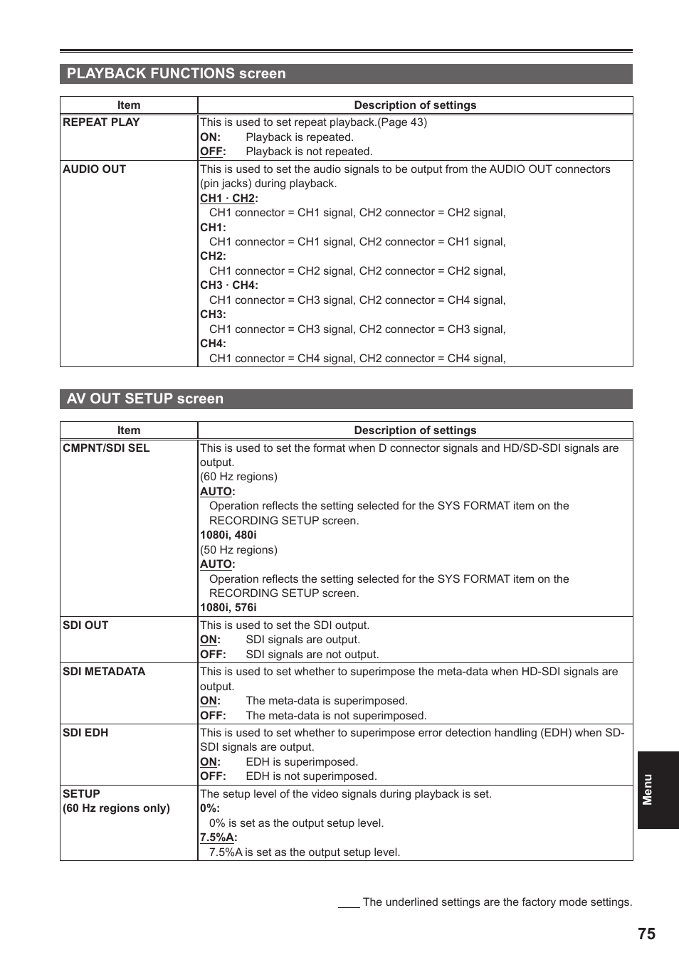 Playback functions screen, Av out setup screen | Panasonic P2HD AG-HPG20 User Manual | Page 7 / 12