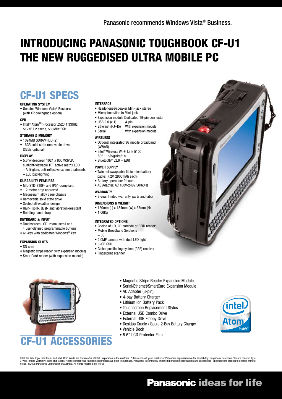 Cf-u1 specs, Cf-u1 accessories, Panasonic recommends windows vista | Business | Panasonic CF-U1 User Manual | Page 2 / 2