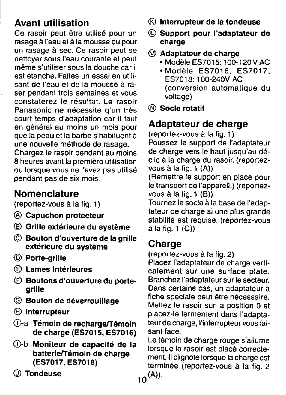 Avant utilisation, Nomenclature, Adaptateur de charge | Charge | Panasonic ES7015 User Manual | Page 10 / 20