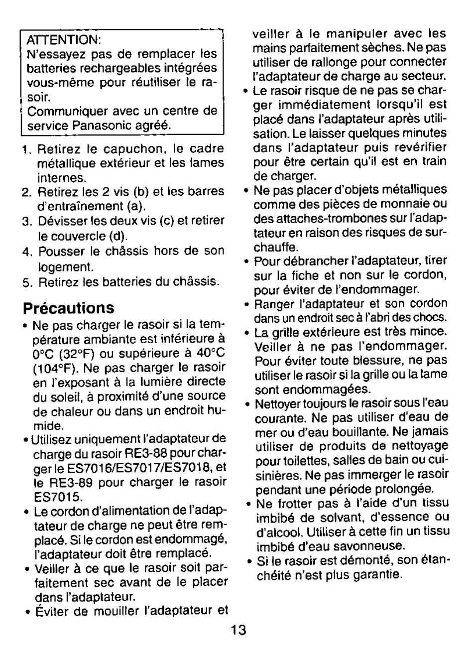 Précautions | Panasonic ES7015 User Manual | Page 13 / 20