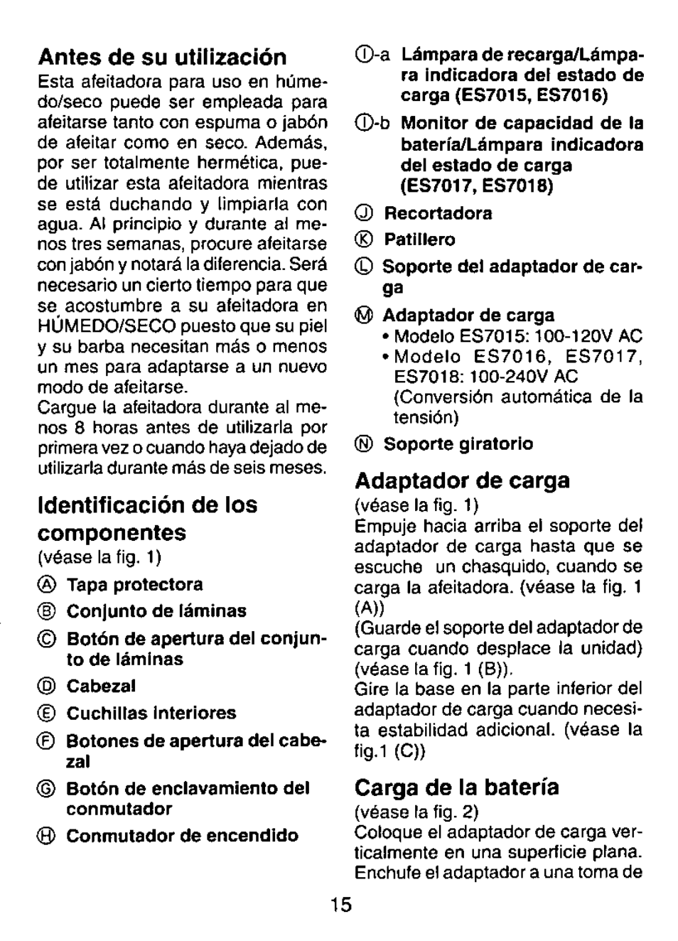 Antes de su utilización, Identificación de los componentes, Adaptador de carga | Carga de la batería | Panasonic ES7015 User Manual | Page 15 / 20