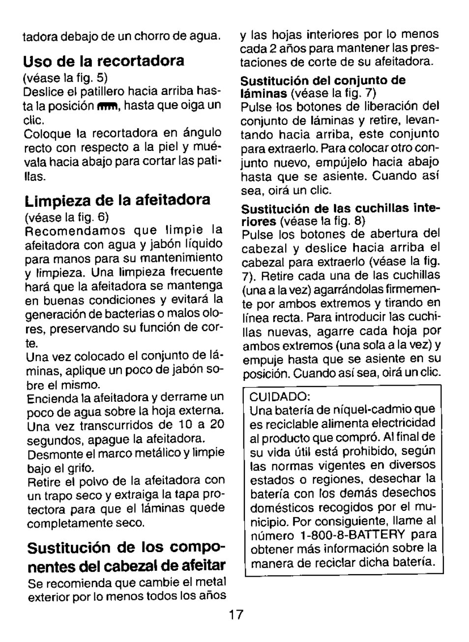 Uso de la recortadora, Limpieza de la afeitadora | Panasonic ES7015 User Manual | Page 17 / 20