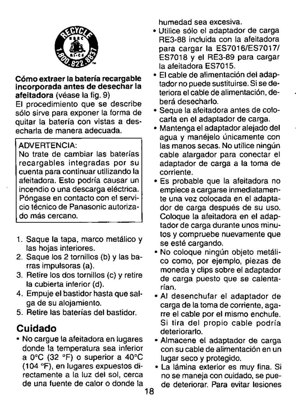 Cuidado | Panasonic ES7015 User Manual | Page 18 / 20