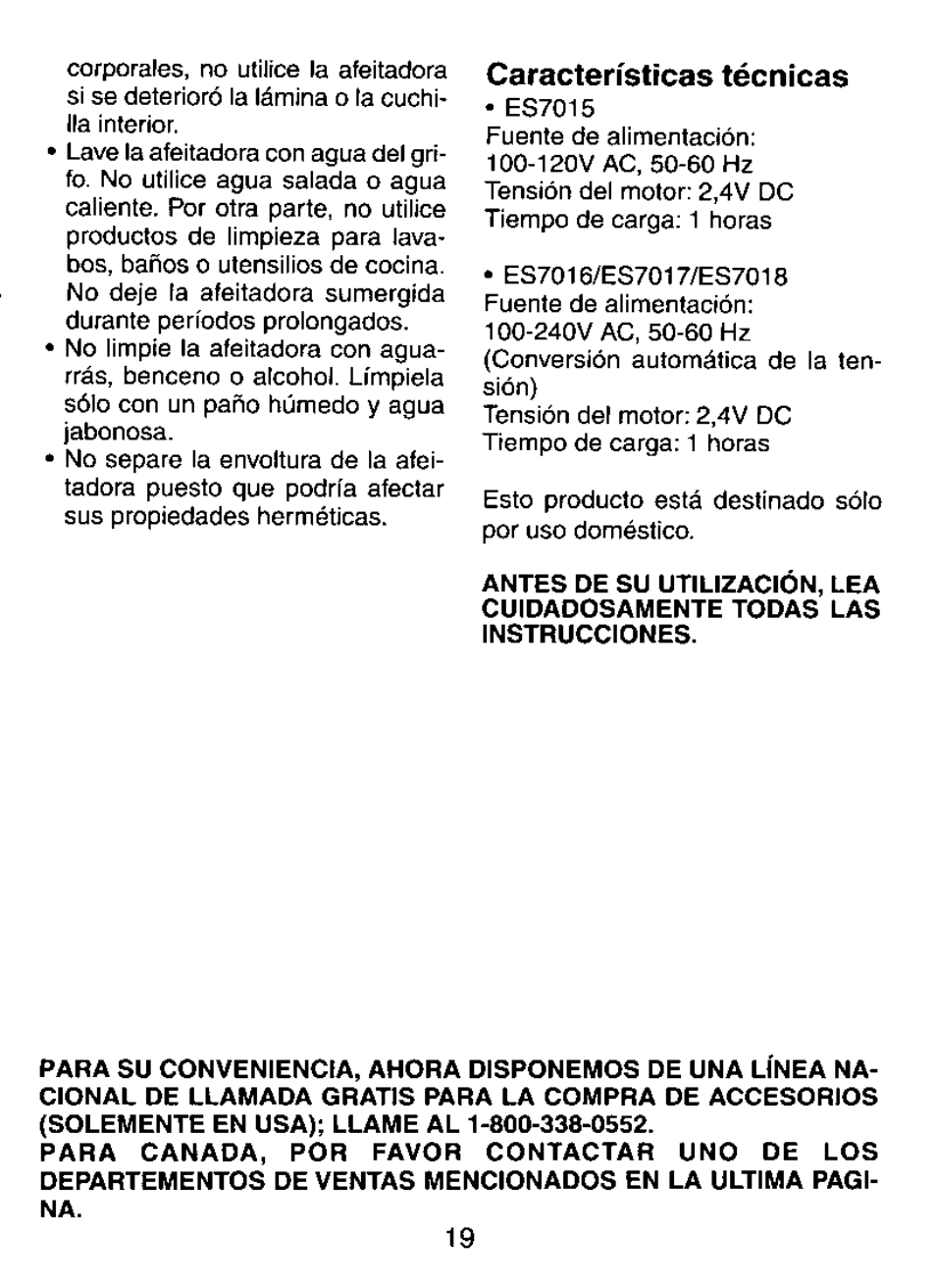 Características técnicas | Panasonic ES7015 User Manual | Page 19 / 20