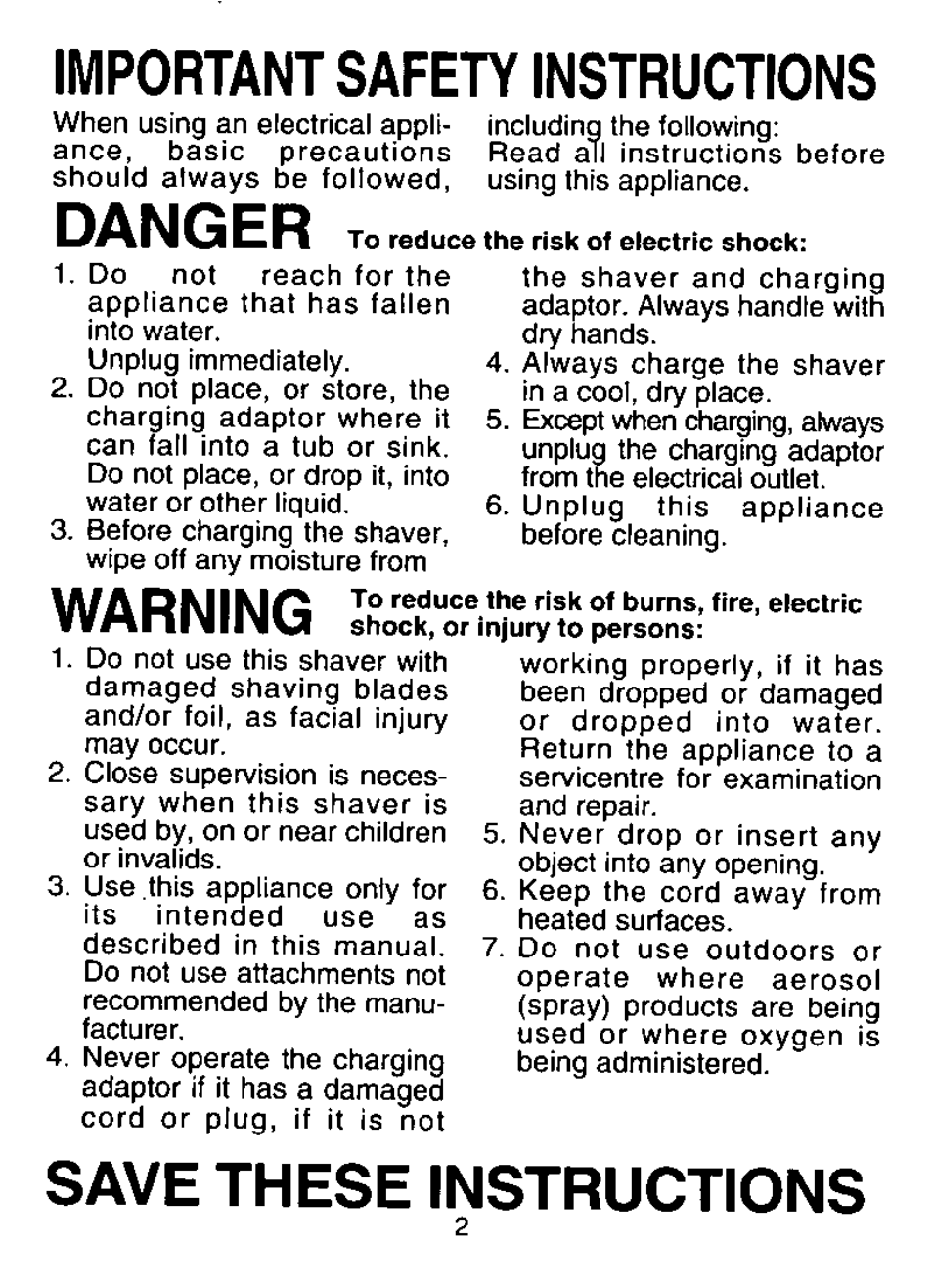 Important safety instructions, Danger, Warning | Save these instructions | Panasonic ES7015 User Manual | Page 2 / 20