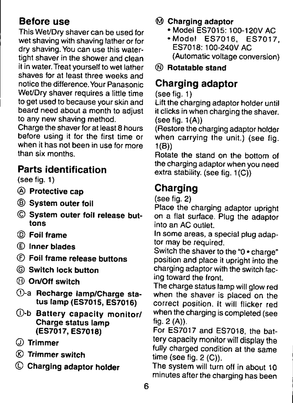 Before use, Parts identification, Charging adaptor | Charging | Panasonic ES7015 User Manual | Page 6 / 20