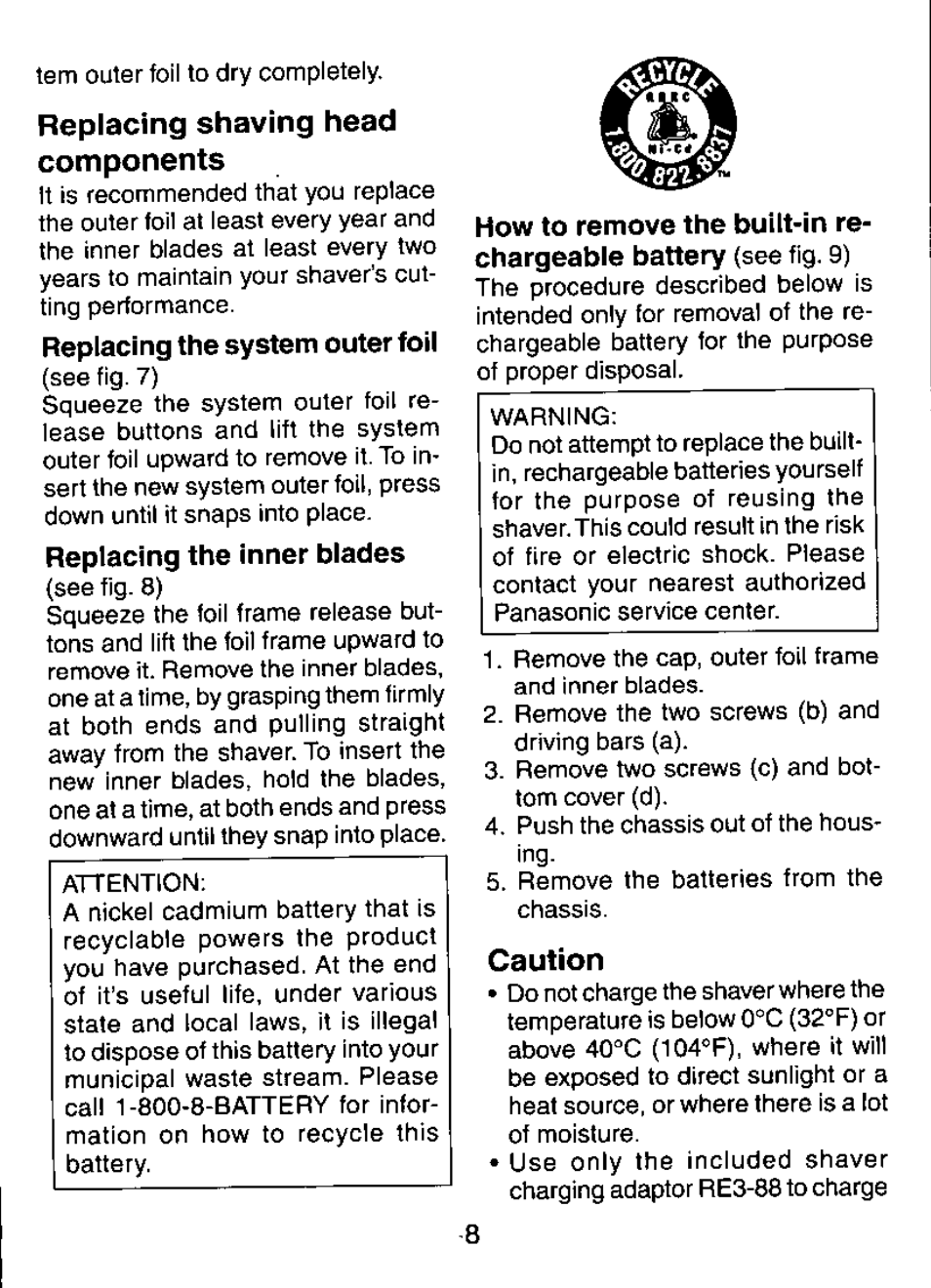 Caution, Replacing shaving head components | Panasonic ES7015 User Manual | Page 8 / 20