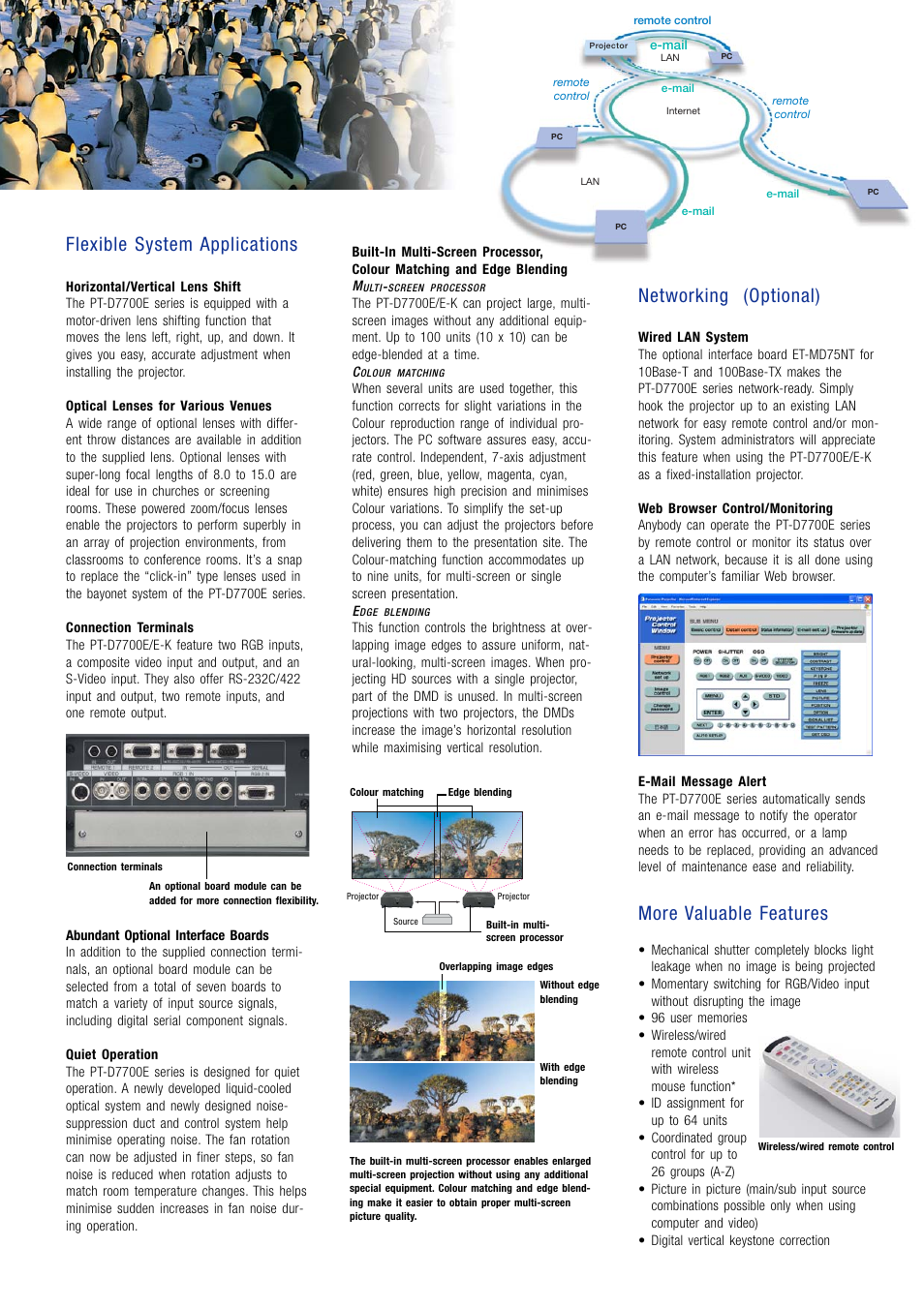 Flexible system applications, Networking (optional), More valuable features | Panasonic PT-D7700E-K User Manual | Page 3 / 6