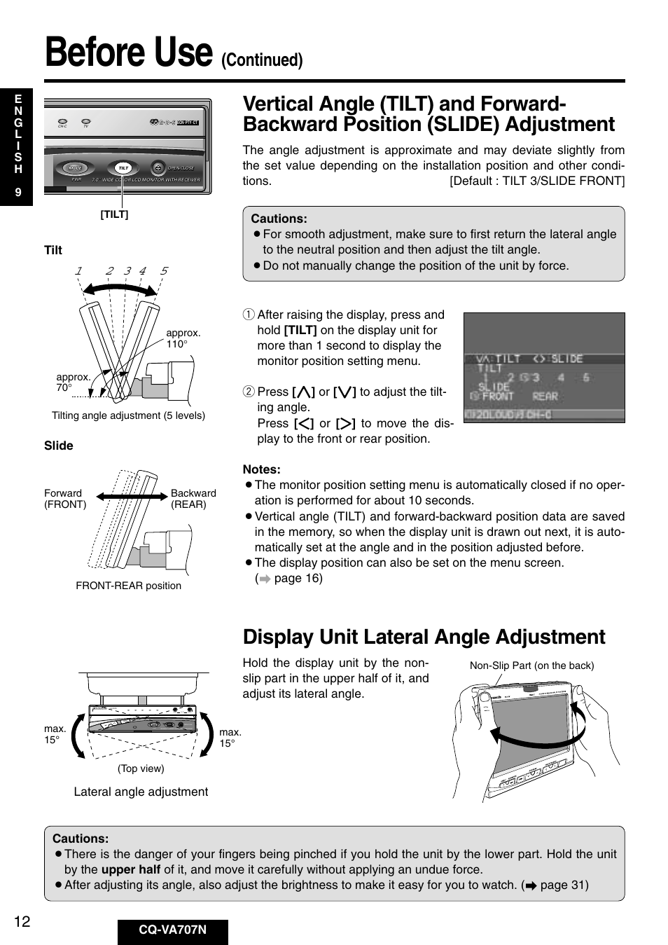 Before use, Display unit lateral angle adjustment, Continued) | Panasonic CQ-VA707N User Manual | Page 11 / 67
