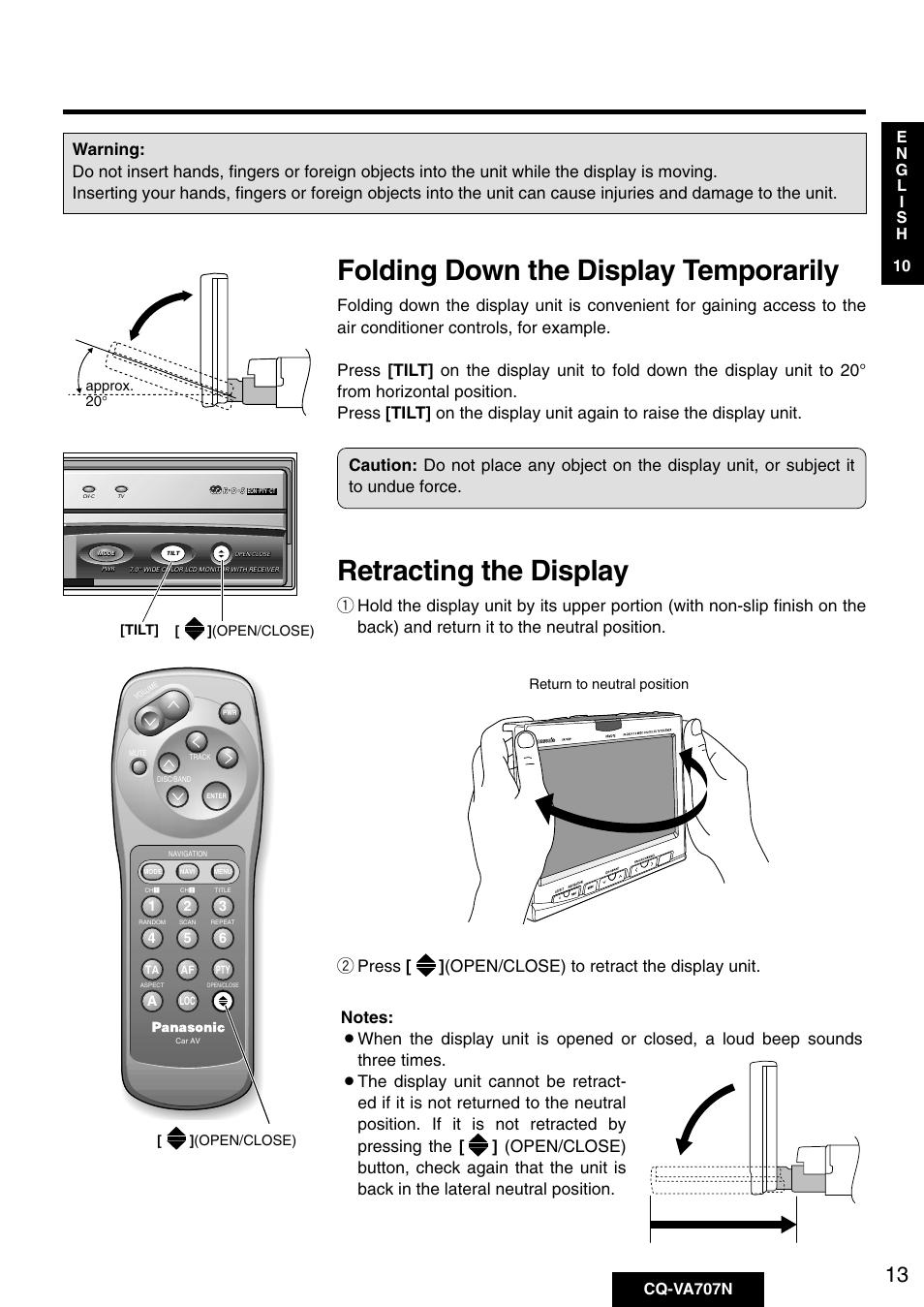 Folding down the display temporarily, Retracting the display | Panasonic CQ-VA707N User Manual | Page 12 / 67