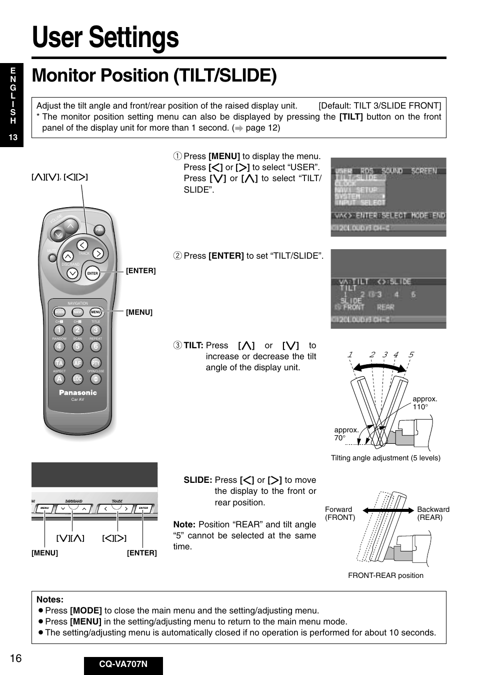 User settings, Monitor position (tilt/slide), Cq-va707n | Menu] [enter | Panasonic CQ-VA707N User Manual | Page 15 / 67