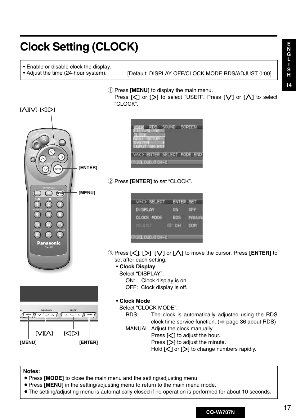 Clock setting (clock), Menu] [enter | Panasonic CQ-VA707N User Manual | Page 16 / 67