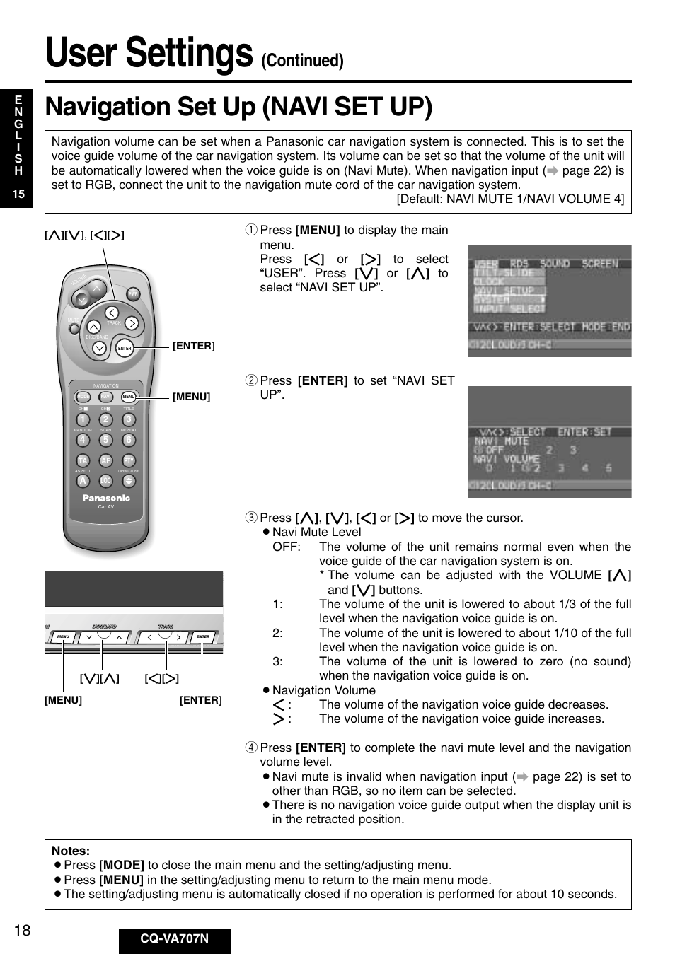 User settings, Navigation set up (navi set up), Continued) | Cq-va707n | Panasonic CQ-VA707N User Manual | Page 17 / 67