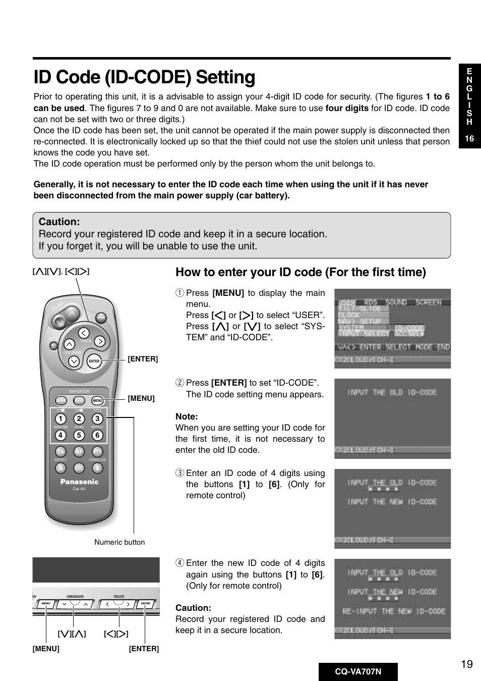 Id code (id-code) setting, How to enter your id code (for the first time), Menu] [enter | Numeric button | Panasonic CQ-VA707N User Manual | Page 18 / 67