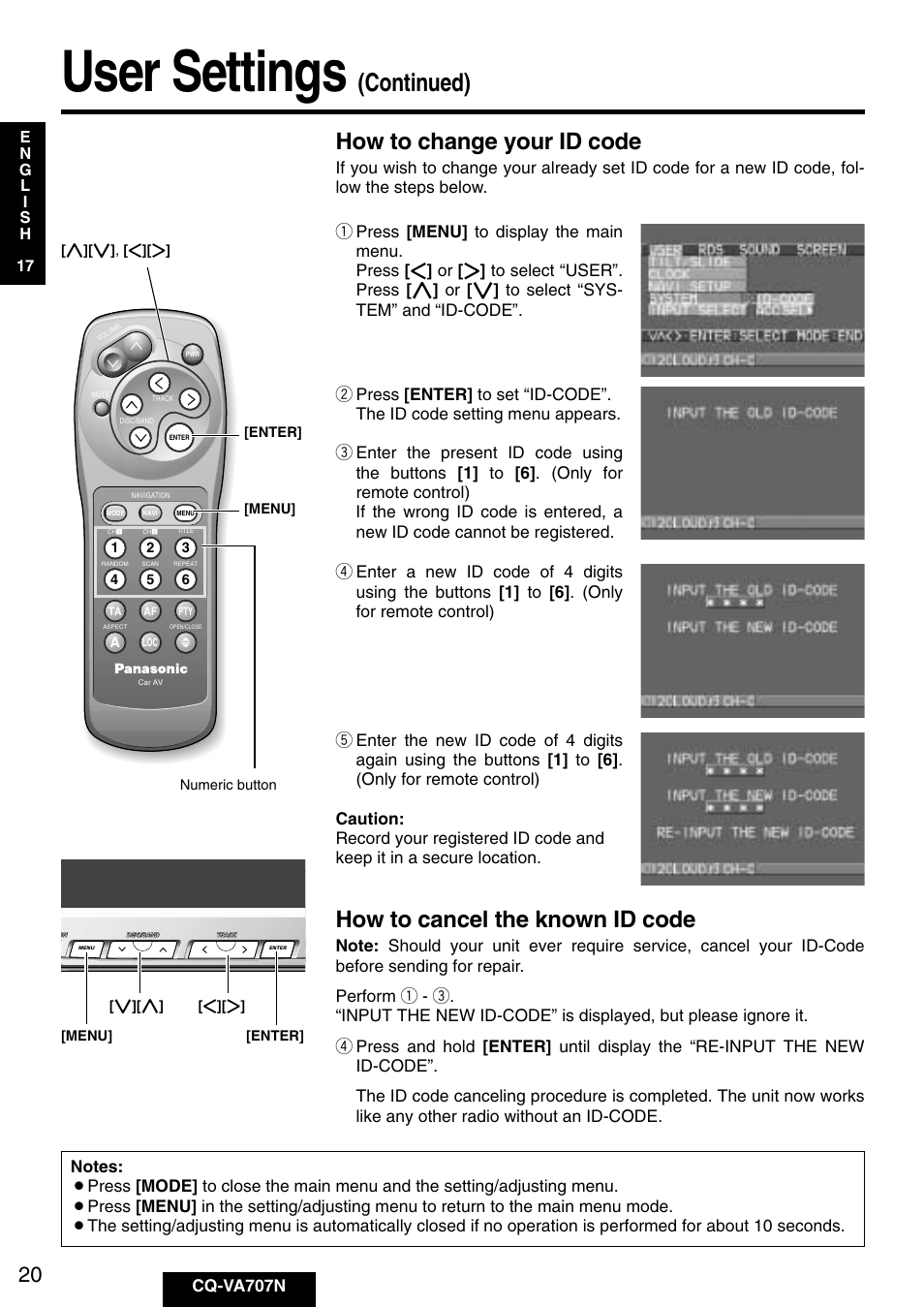 User settings, Continued), How to change your id code | How to cancel the known id code, Cq-va707n, Menu] [enter | Panasonic CQ-VA707N User Manual | Page 19 / 67