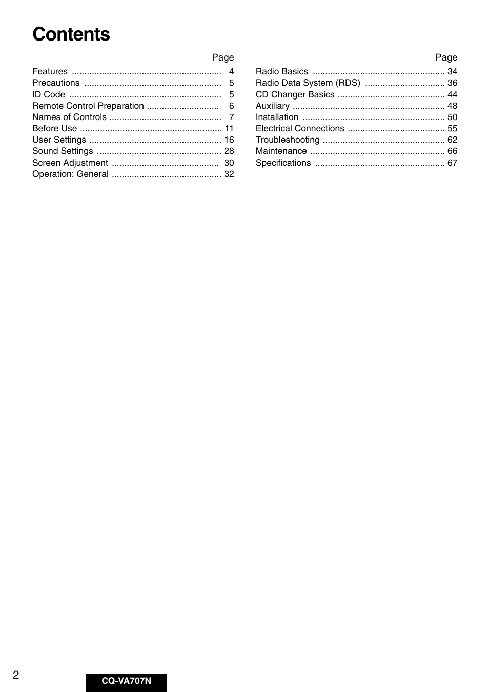 Panasonic CQ-VA707N User Manual | Page 2 / 67