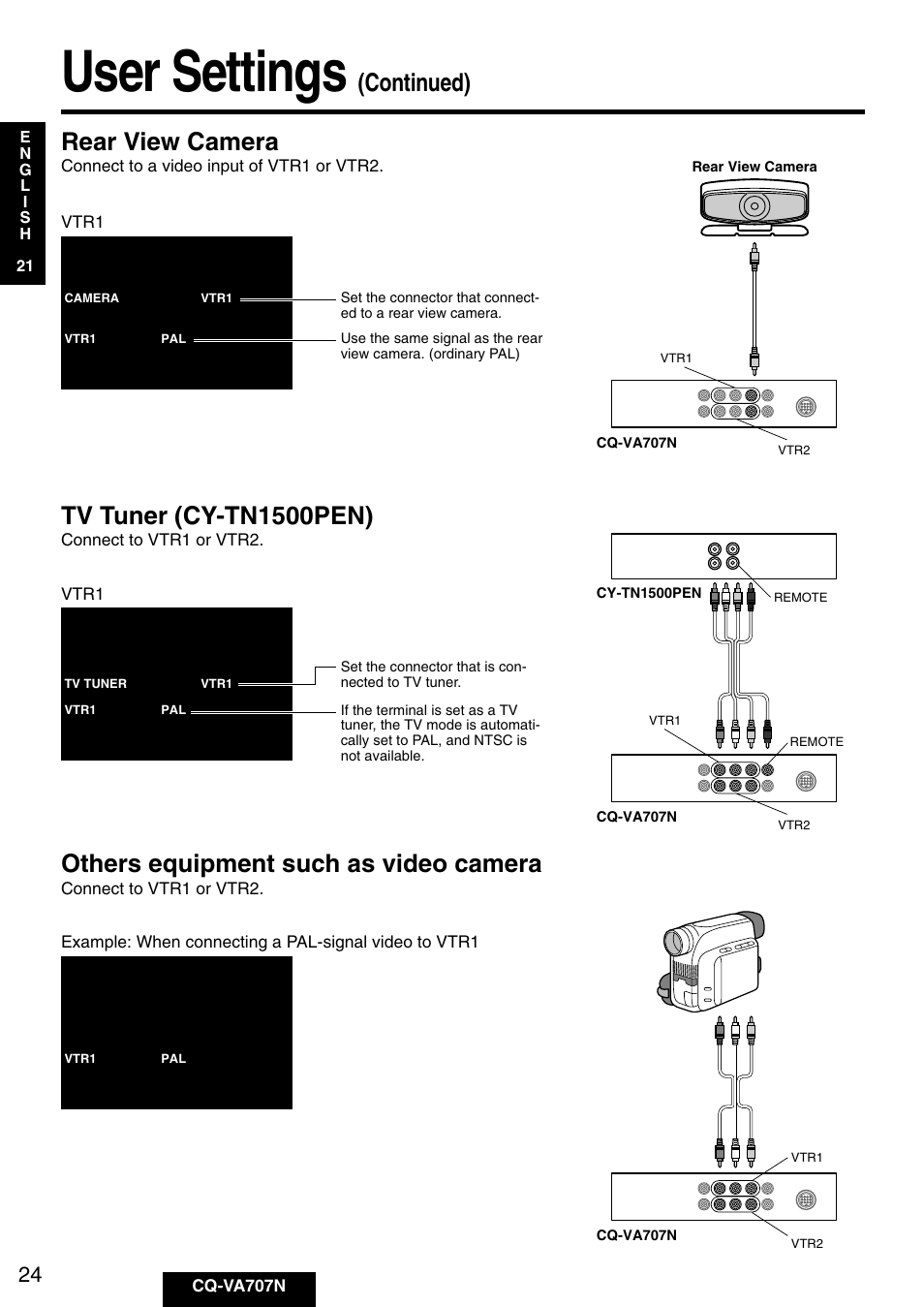 User settings, Rear view camera, Tv tuner (cy-tn1500pen) | Others equipment such as video camera, Continued) | Panasonic CQ-VA707N User Manual | Page 23 / 67