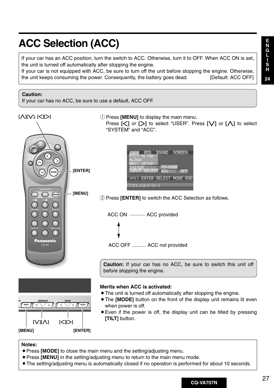 Acc selection (acc), Menu] [enter | Panasonic CQ-VA707N User Manual | Page 26 / 67