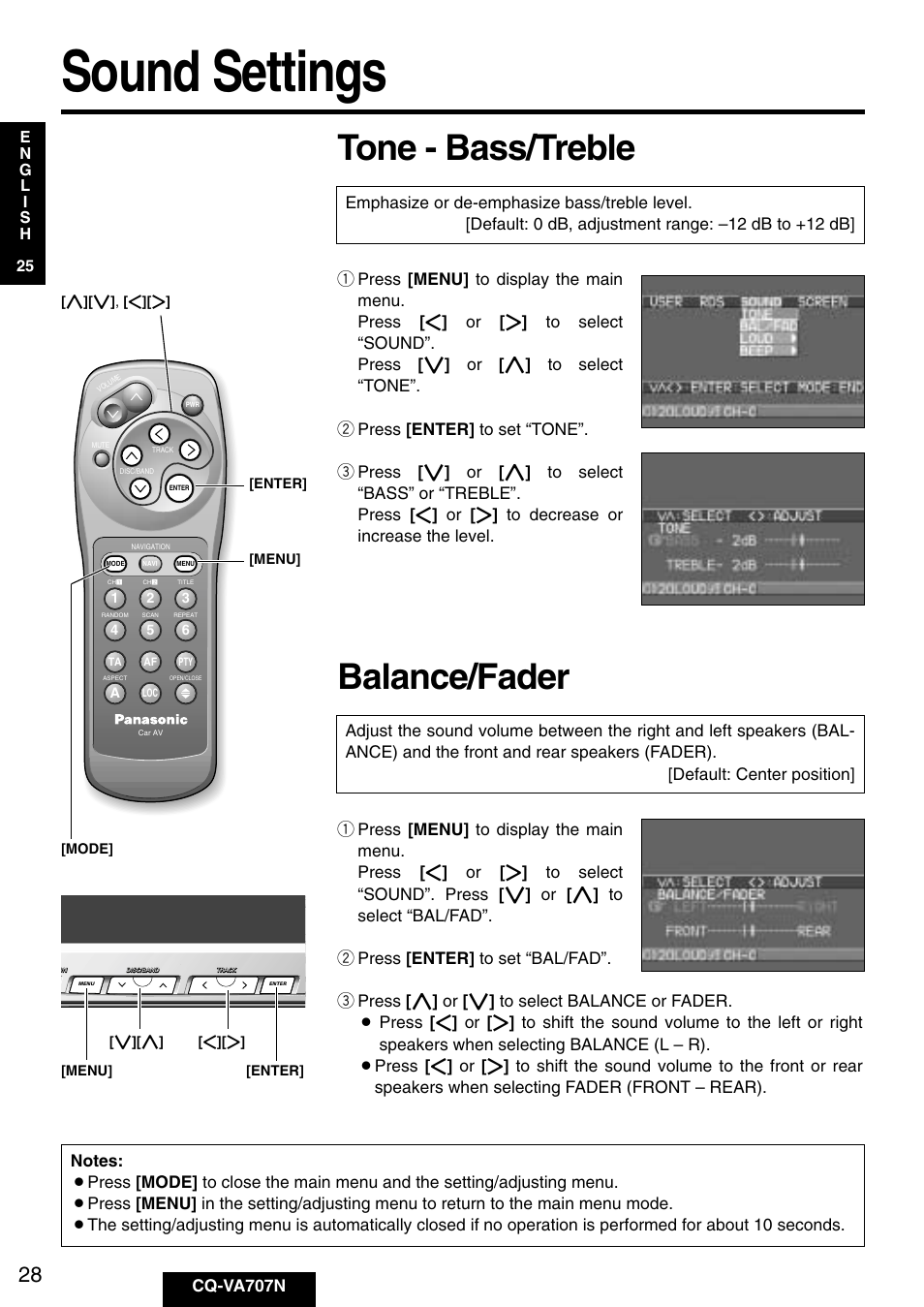 Sound settings, Tone - bass/treble, Balance/fader | Cq-va707n | Panasonic CQ-VA707N User Manual | Page 27 / 67