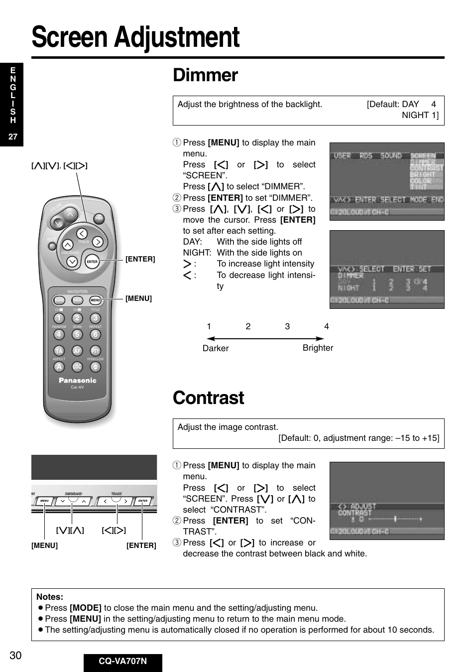 Screen adjustment, Dimmer, Contrast | Cq-va707n | Panasonic CQ-VA707N User Manual | Page 29 / 67