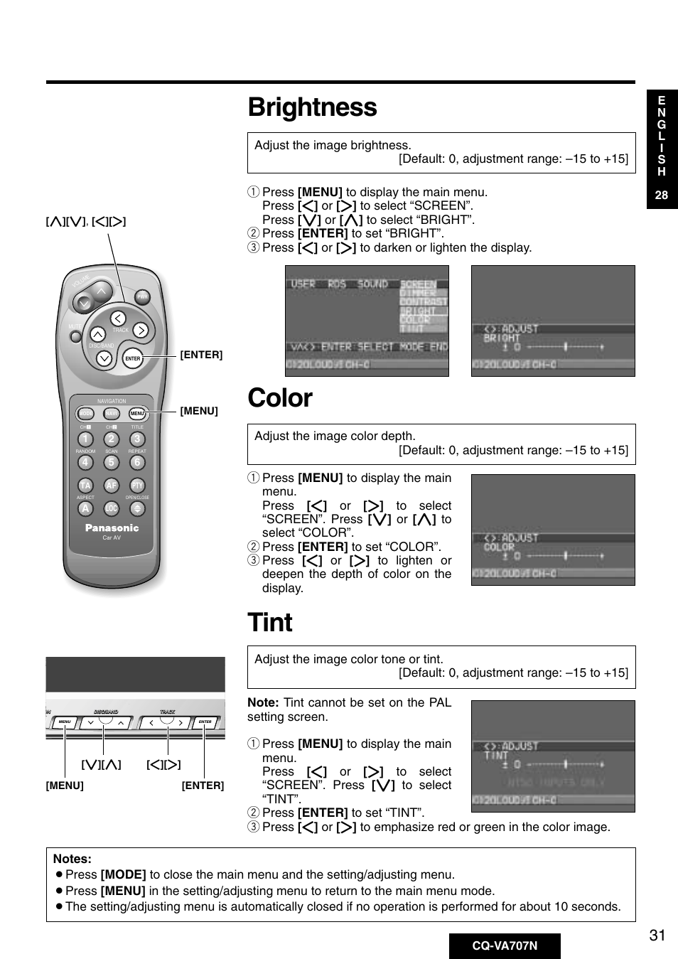 Brightness, Color, Tint | Menu] [enter | Panasonic CQ-VA707N User Manual | Page 30 / 67