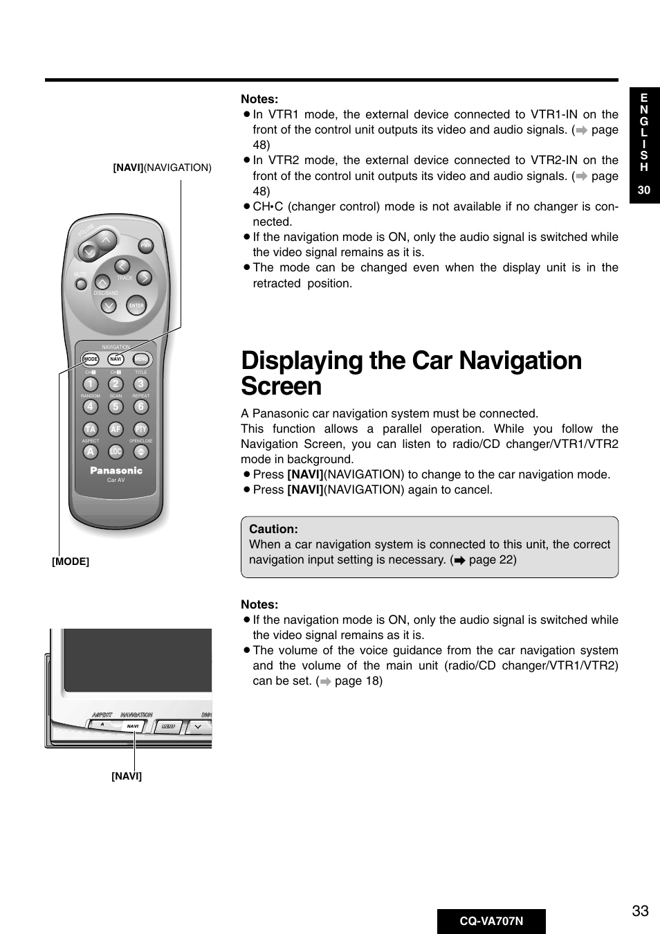 Displaying the car navigation screen, Page 48) ¡ch, Mode] [navi] (navigation) | Navi | Panasonic CQ-VA707N User Manual | Page 32 / 67