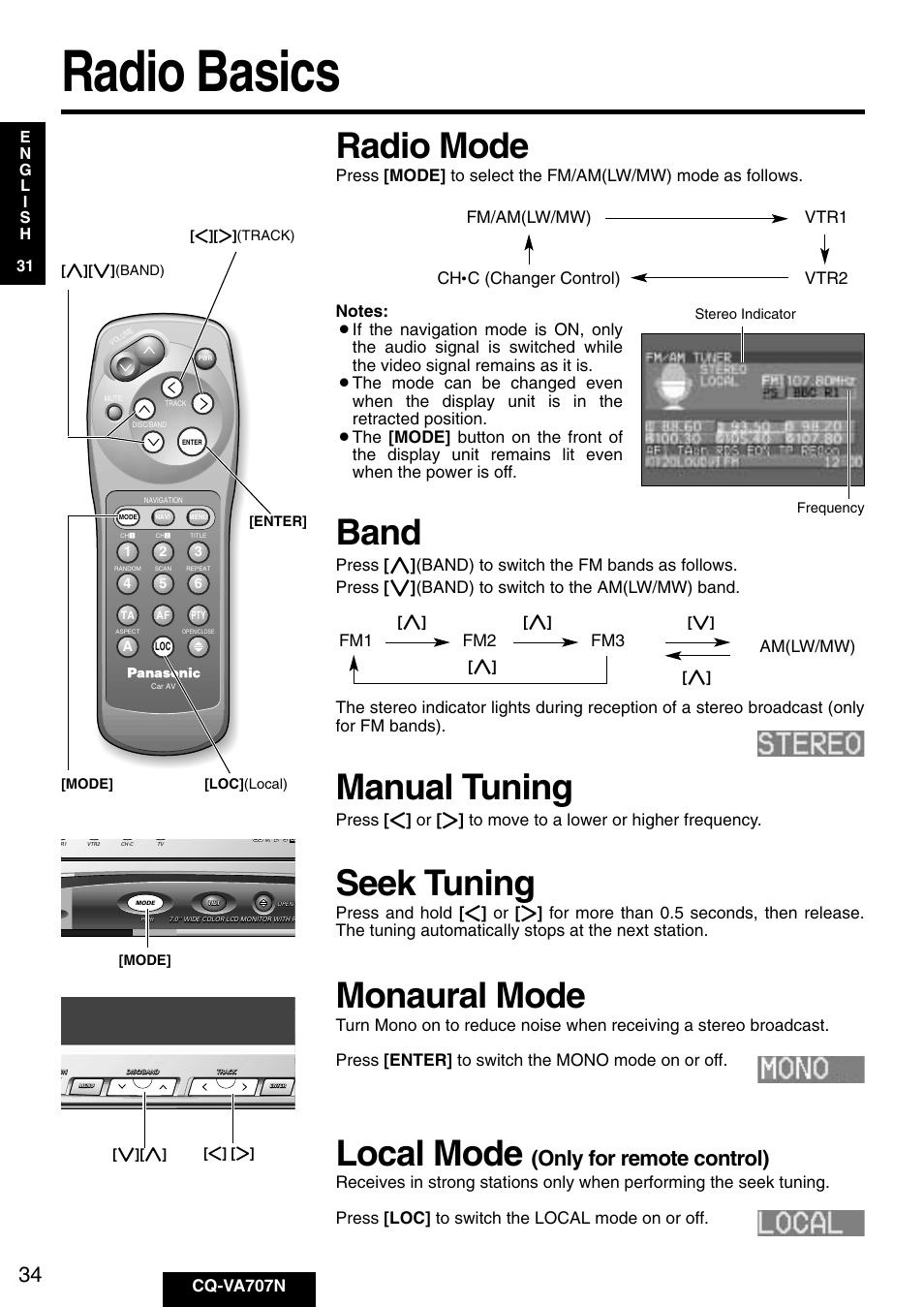 Radio basics, Radio mode, Band | Manual tuning, Monaural mode, Local mode, Seek tuning, Only for remote control), Cq-va707n, Am(lw/mw) fm/am(lw/mw) ch | Panasonic CQ-VA707N User Manual | Page 33 / 67