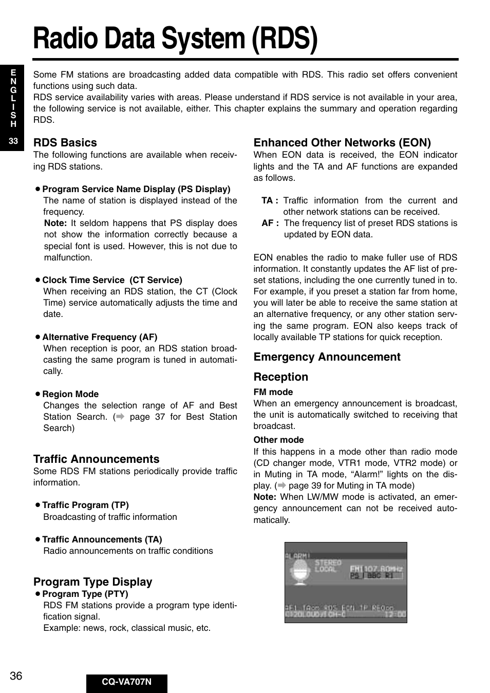 Radio data system (rds), Rds basics, Traffic announcements | Program type display, Enhanced other networks (eon), Emergency announcement reception | Panasonic CQ-VA707N User Manual | Page 35 / 67