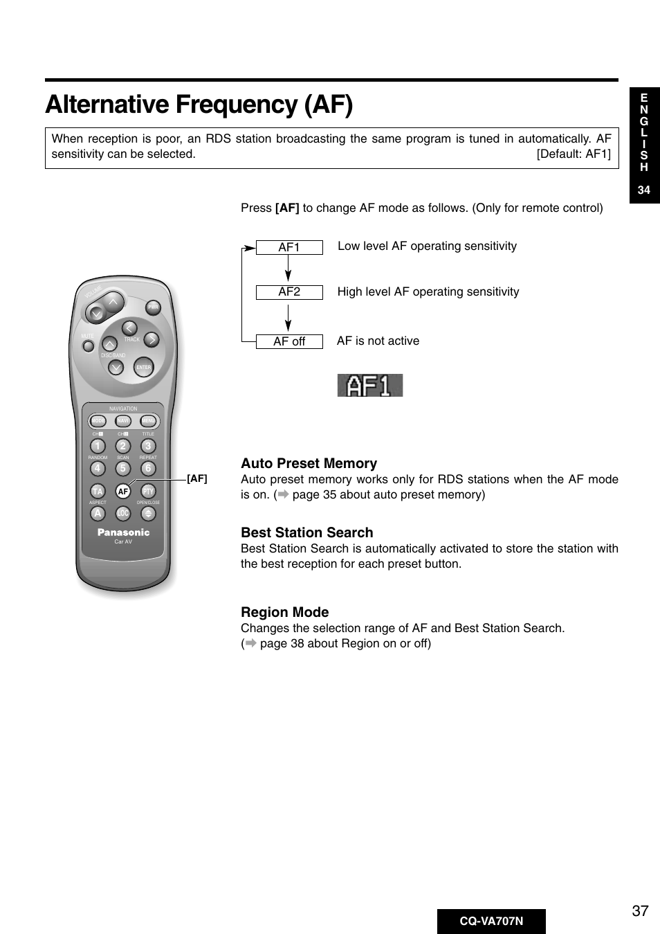 Alternative frequency (af), Best station search, Region mode | Panasonic CQ-VA707N User Manual | Page 36 / 67