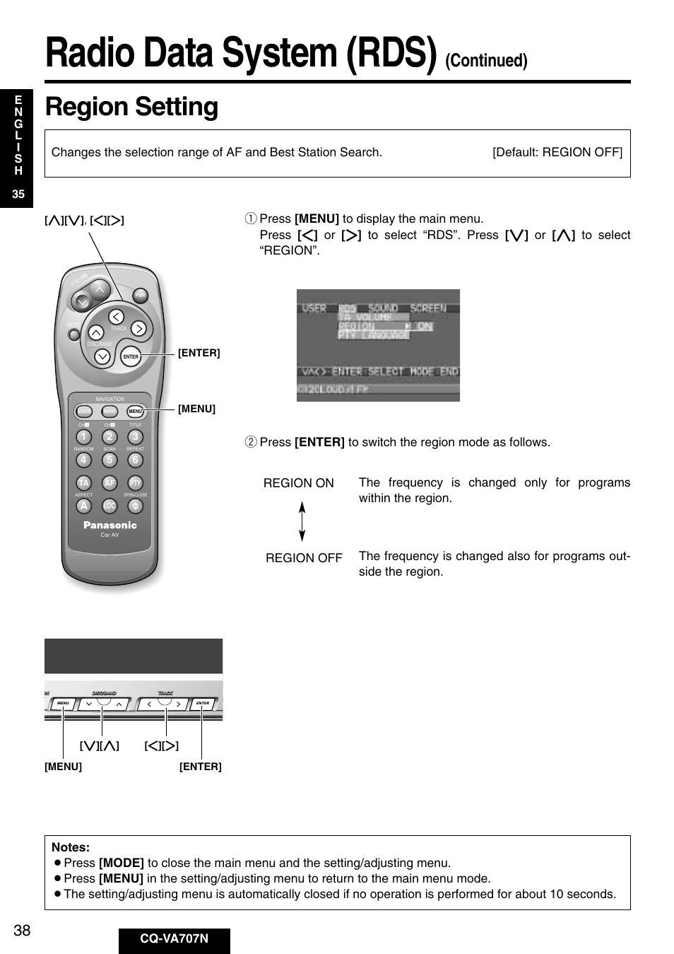 Radio data system (rds), Region setting, Continued) | Cq-va707n, Menu] [enter | Panasonic CQ-VA707N User Manual | Page 37 / 67