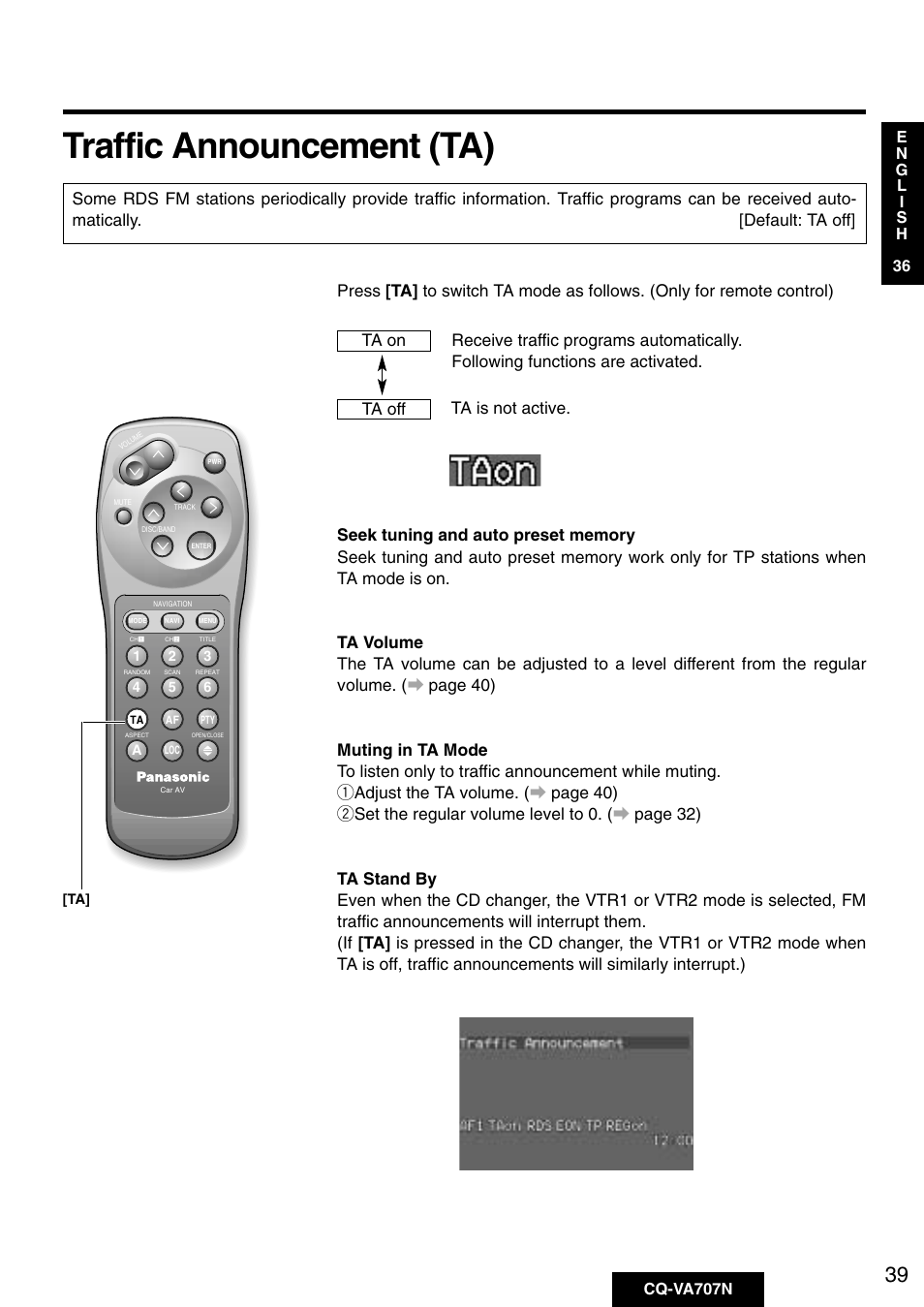 Traffic announcement (ta) | Panasonic CQ-VA707N User Manual | Page 38 / 67