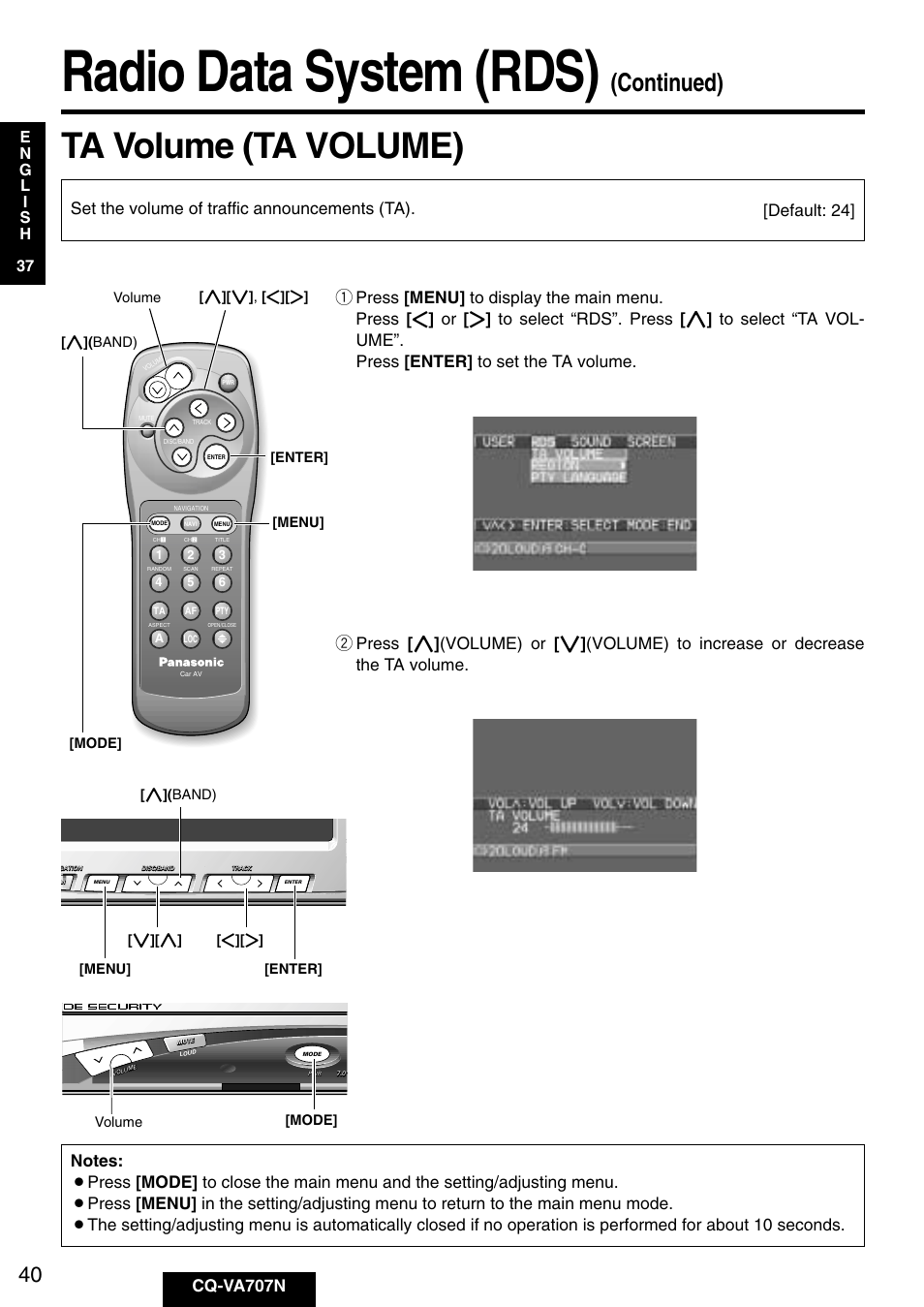 Radio data system (rds), Ta volume (ta volume), Continued) | Cq-va707n, Menu] [enter, Volume [ } ]( band) [mode, Mode] [ } ]( band) volume | Panasonic CQ-VA707N User Manual | Page 39 / 67